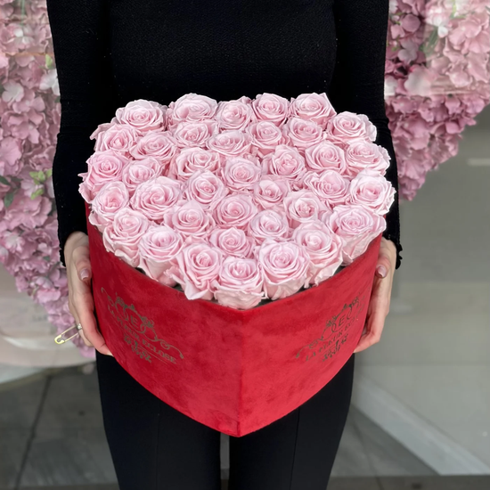 Preserved Pink Roses In A Heart Shaped Velvet Box