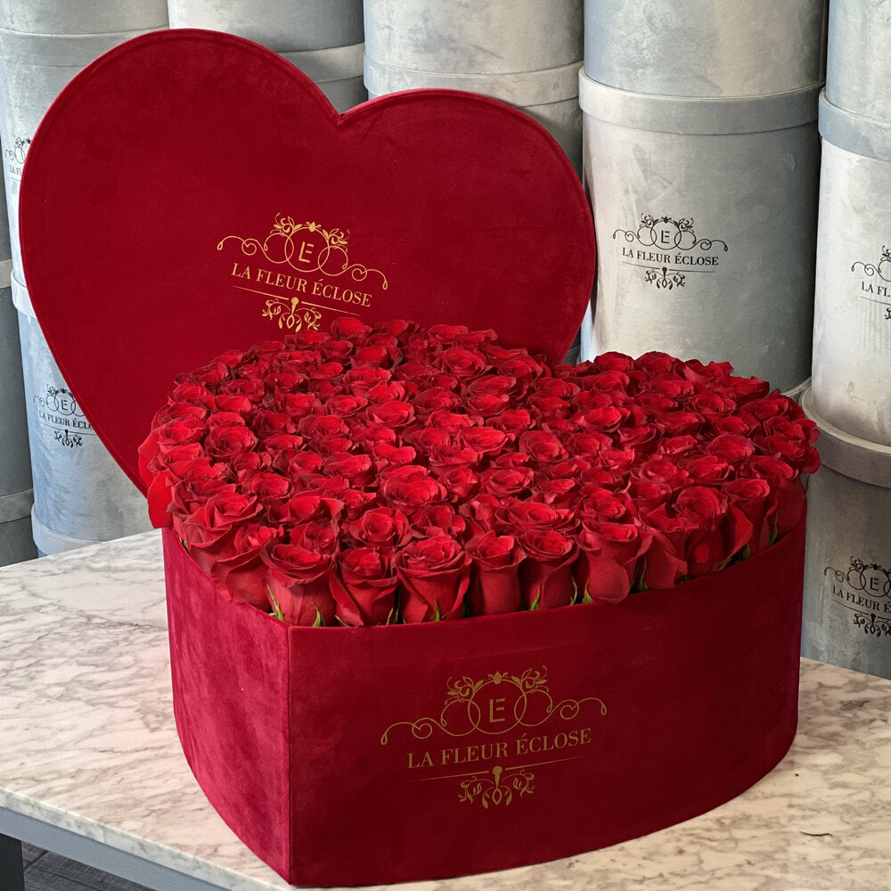 120 Fresh Cut Red Roses In A Red Heart Shaped Box VD